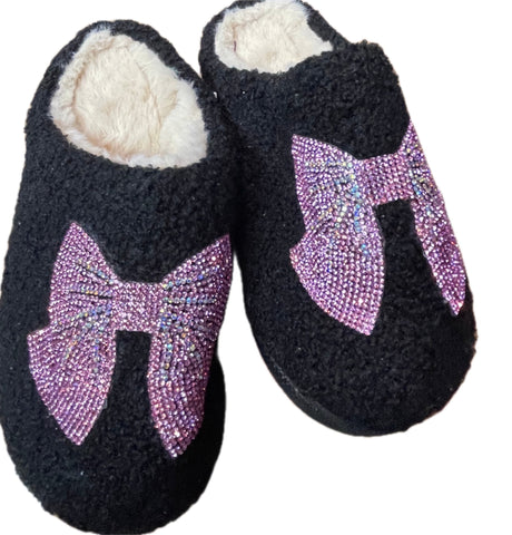 Bari Lynn Black Slippers With Pink Sequin Bow Patch