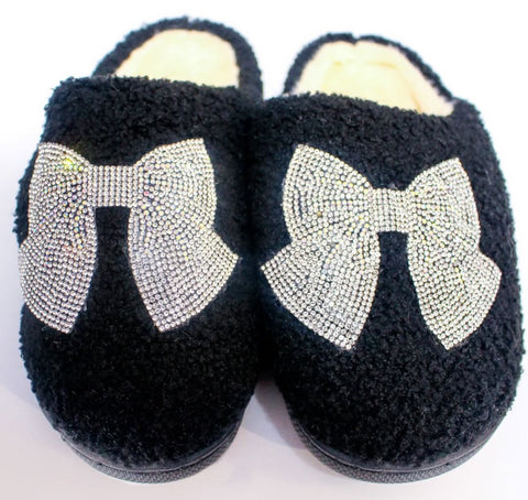 Bari Lynn Black Bow Slippers With Clear Sequin Patch