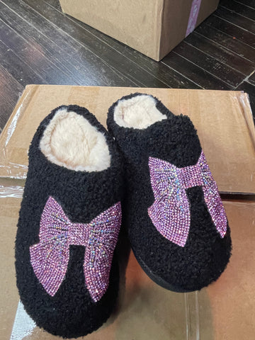 Bari Lynn Black Slippers With Pink Sequin Bow Patch