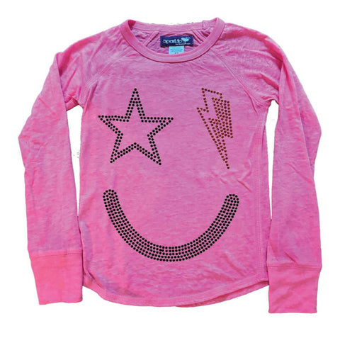 Sparkle By Stoopher  Pink  Star Bolt Smiley Rhinestone Long Sleeve Top