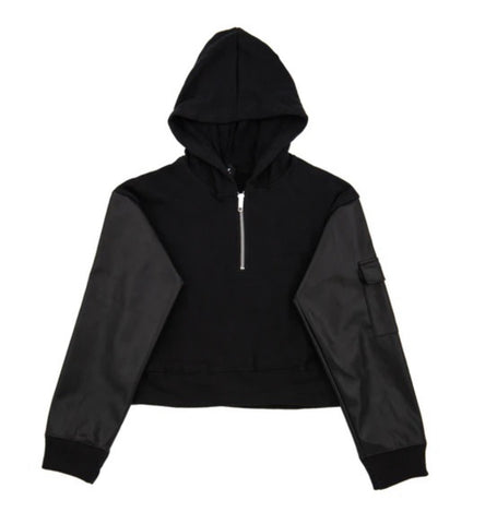 Flowers By Zoe 3/4 Black Zip Up Hoodie With Pleather Sleeves And 1 Cargo Pocket On Sleeve