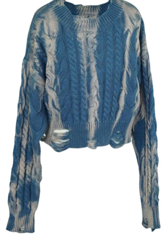 Flowers By Zoe Blue Tie Dye Câble Knit Distressed Crop Sweater