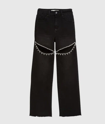 Tractr Crystal Slit Straight Black Wash Jeans