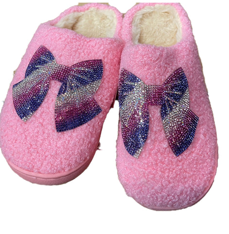 Bari Lynn Pink Slippers with Ombre Sequin Bow Patch