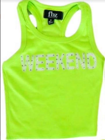 Flowers By Zoe Neon Yellow Weekend Tank With White Wording And Rhinestones